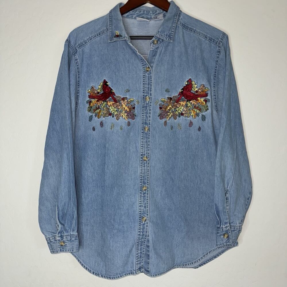 Bobbie Brooks Women Vintage Embroidered Chambray Shirt LS Christmas Cardinal LG